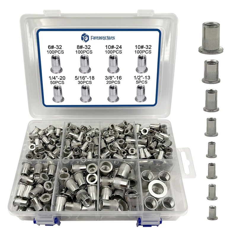 ELEFOCUS SAE Rivet Nut Assortment Kit 505Pcs 6-32 8-32 10-24,1/4-20, 3/8-16, 5/16-18,1/2-13 304 Stainless Steel Flat Head Threaded Rivet Insert Rivet Nuts - Image 1